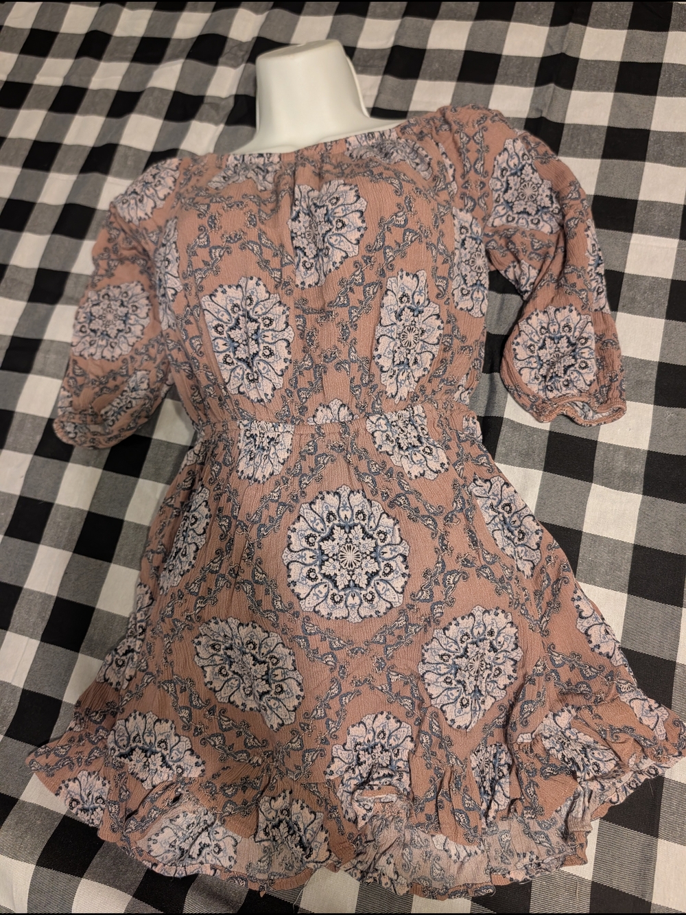 Peach Medallion Print Ruffled Mini Dress